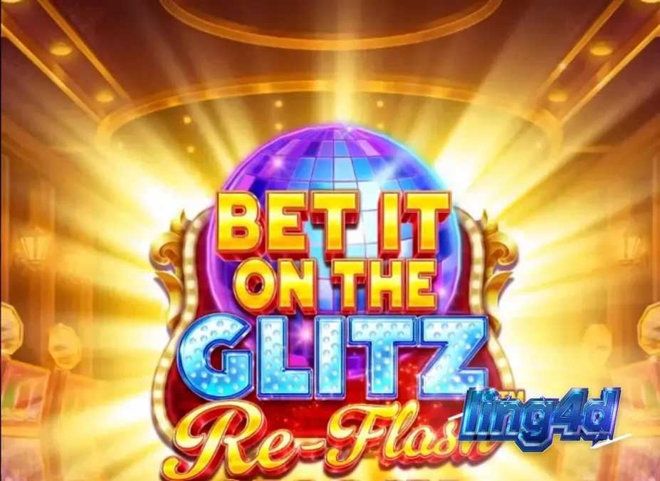 Tampilan layar permainan slot Bet It on the Glitz Re-Flash dengan tema neon Vegas dan simbol permata berkilauan.
